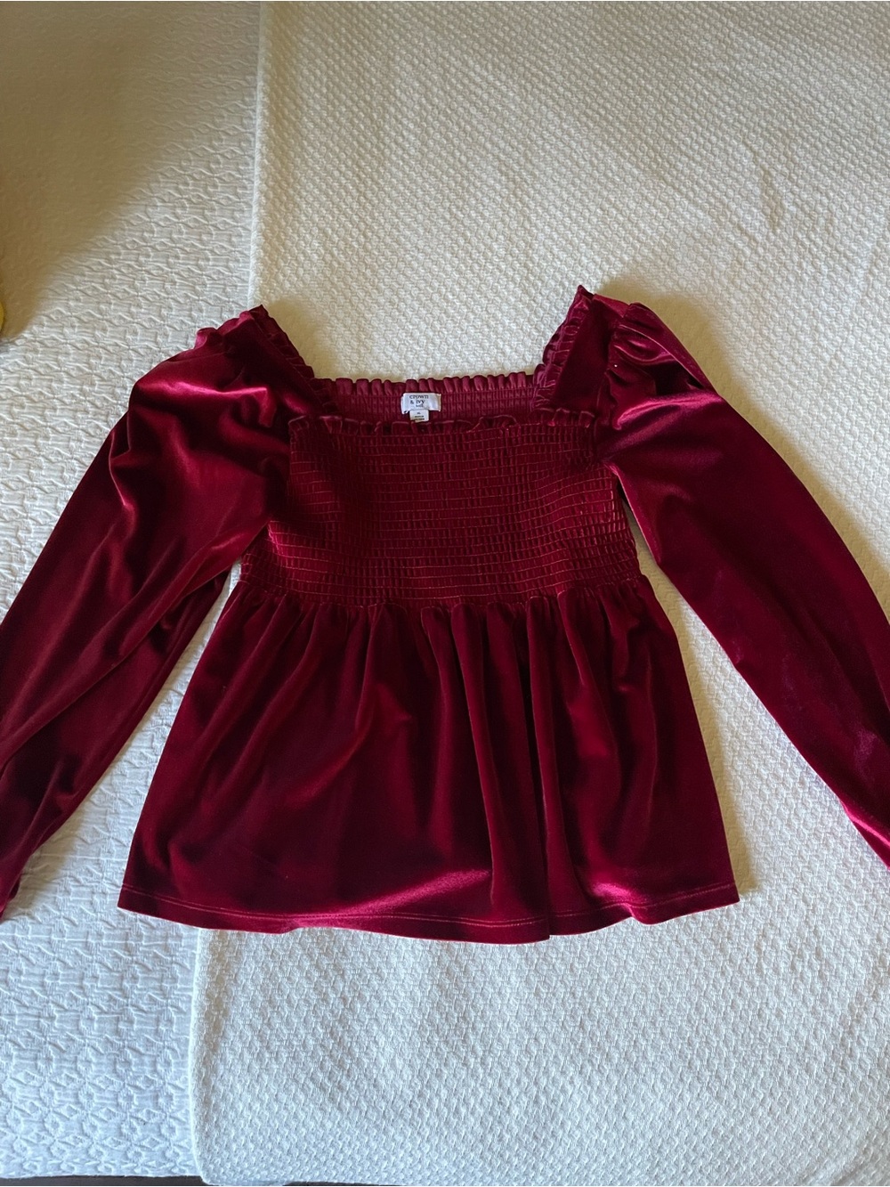 crown & ivy Deep Burgundy Velvet Smocked Square-Neck Blouse